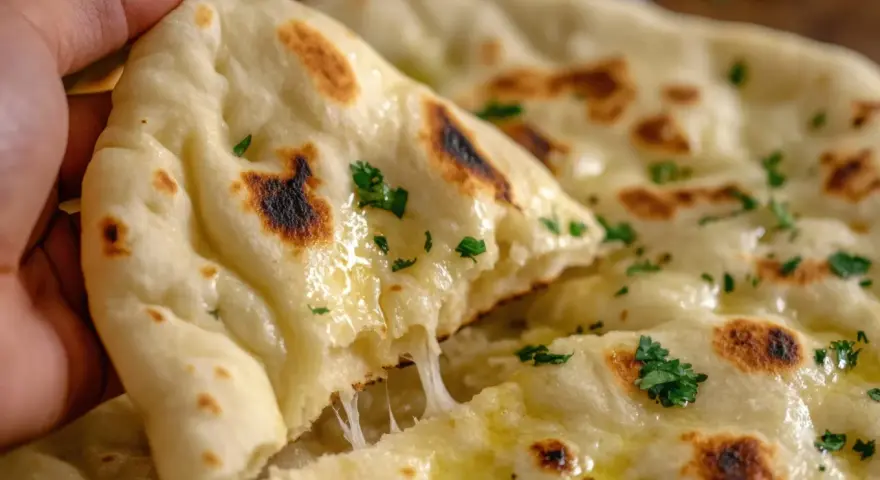 Una mano strappa un pezzo di naan al formaggio filante, cosparso di prezzemolo fresco e burro fuso.