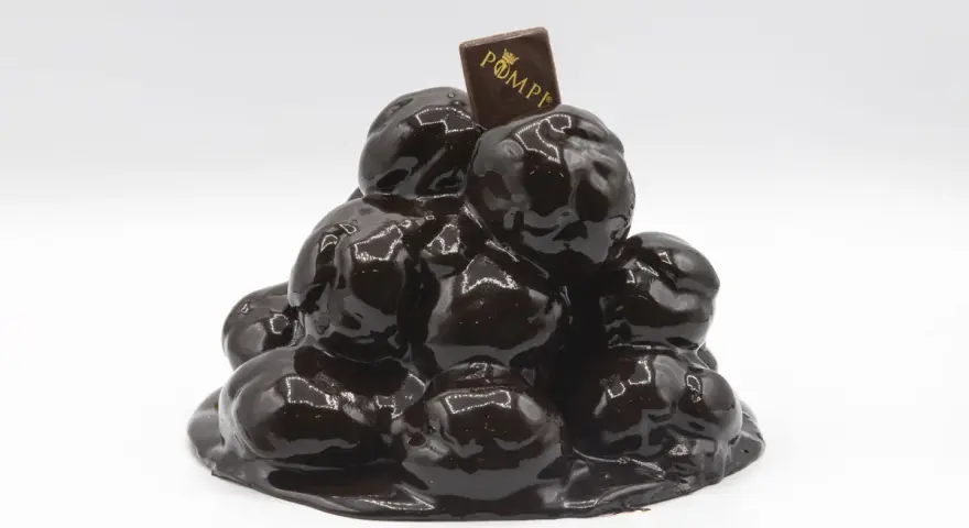 Torta profitterol compleanno, un tripudio di cioccolato lucido e goloso, coronata da un quadratino con logo.