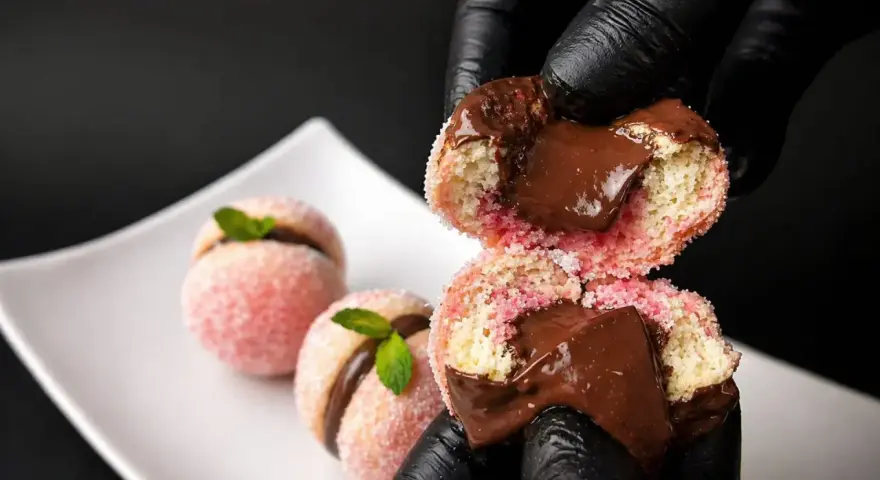 Dolci pesche al cioccolato, con un ripieno cremoso e una copertura zuccherina, pronte per essere gustate.