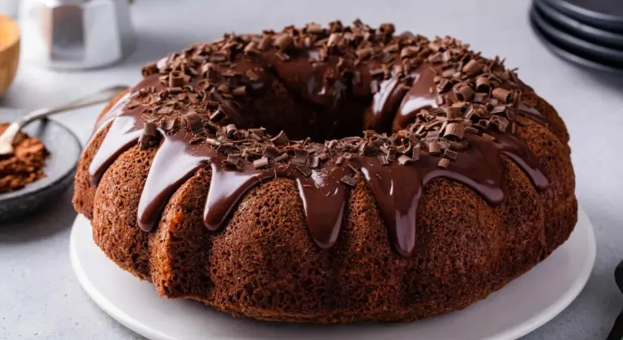 Delizioso ciambellone al cioccolato, perfetto per il tuo lukier przepis. Glassa lucida e scaglie di cioccolato per un tocco goloso.