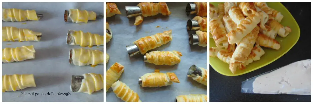 Preparazione di cannoli salati ripieni di tonno: sfoglia arrotolata su stampini, dorati al forno e pronti per essere farciti.