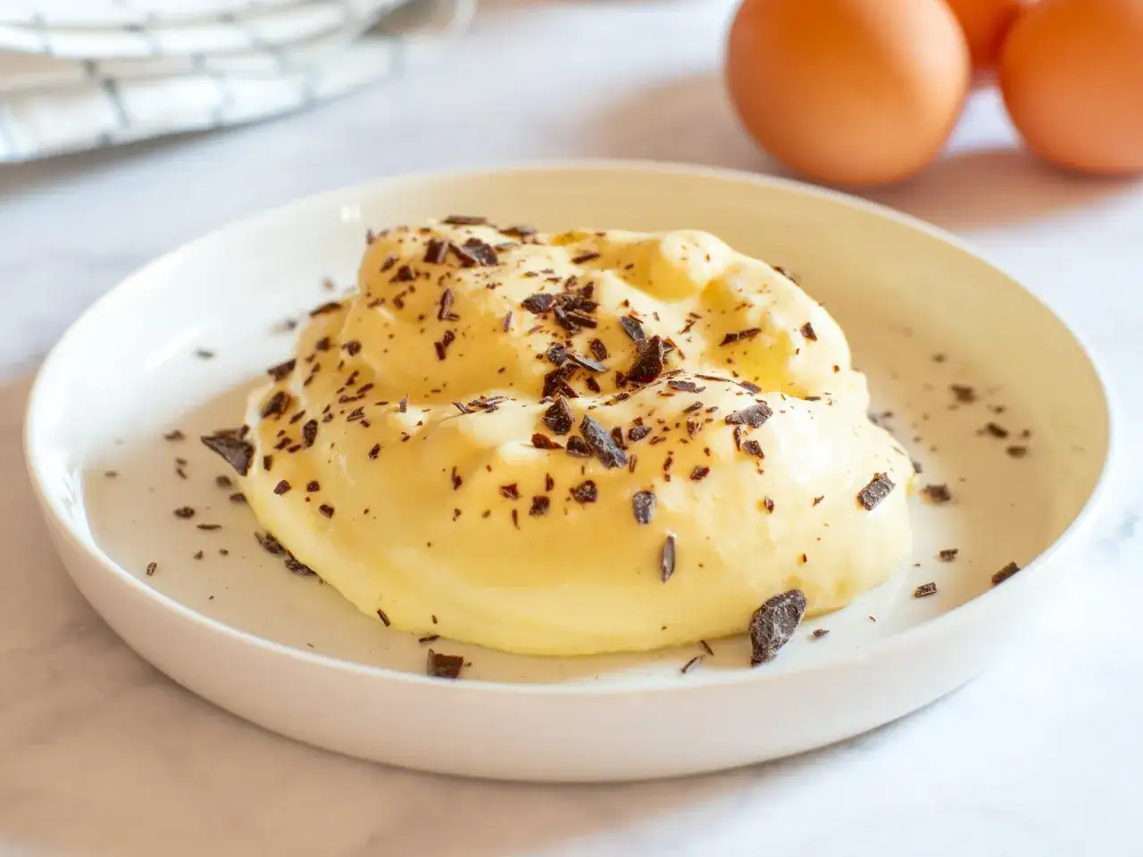 Crema al mascarpone senza lattosio, soffice e golosa, cosparsa di scaglie di cioccolato fondente. Perfetta per chi ama i dolci leggeri.
