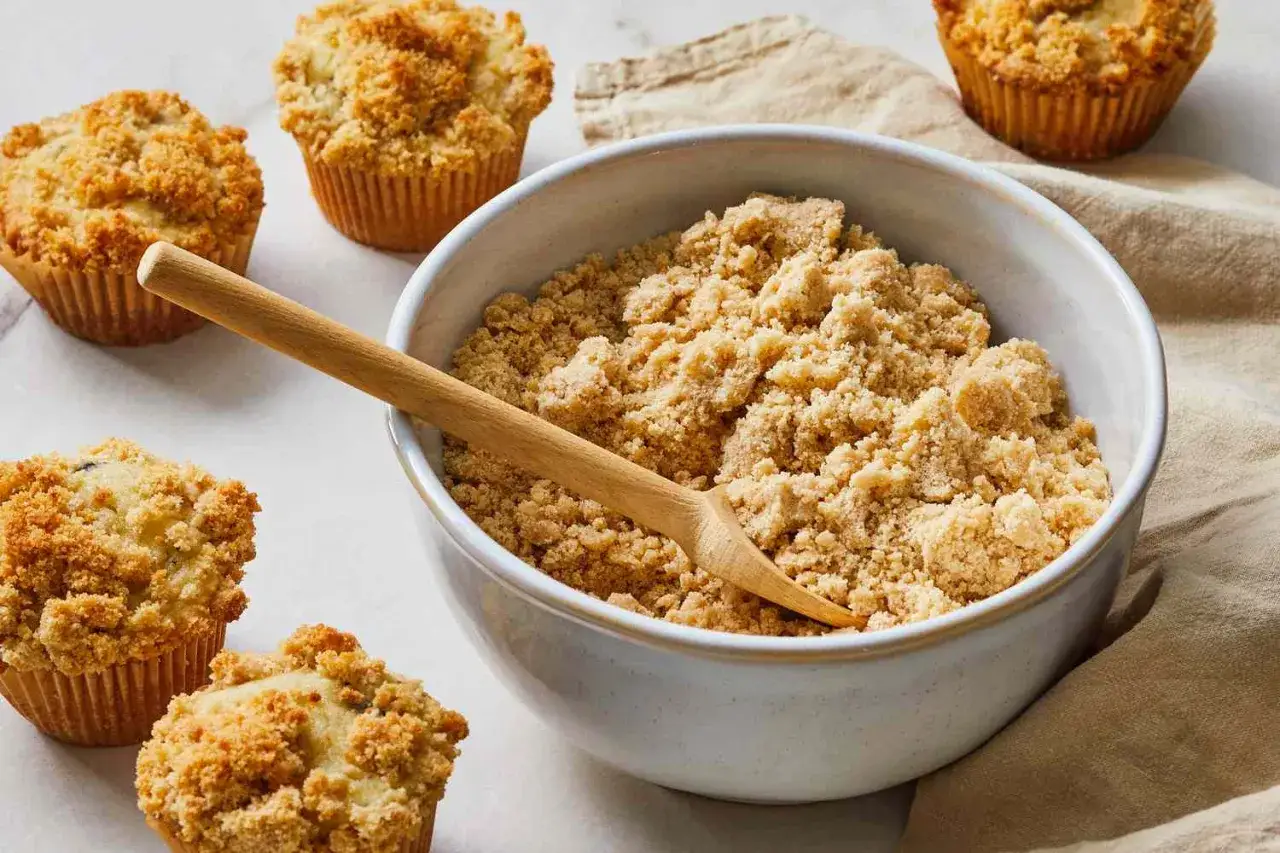 Muffins con croccante copertura e una ciotola piena di kruszonka przepis podstawowy, pronta per essere usata.
