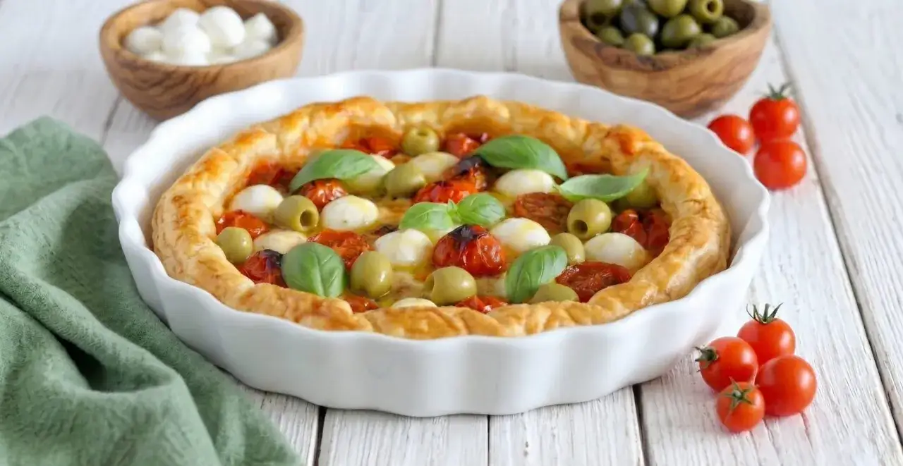 Pizza saporita con pomodorini, mozzarelline, olive verdi e basilico fresco. Ingredienti semplici per un gusto mediterraneo.