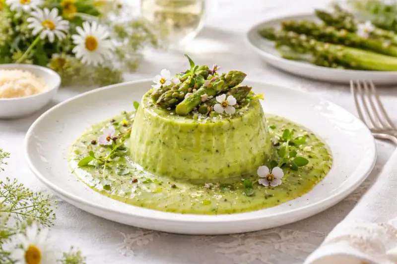 Delicato flan di asparagi con fonduta, guarnito con germogli freschi e fiori eduli. Un piatto primaverile che celebra il sapore degli asparagi.